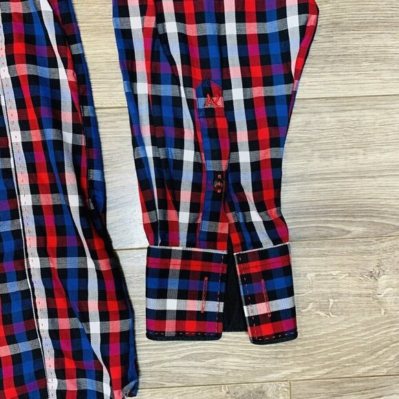 Au Noir Mens Button Down Shirt Sz 8 4XL plaid RedBlue Long Sleeve Cufflink Shirt - Picture 4 of 15
